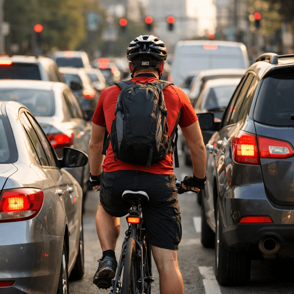 Cyclist wearing helmet and backpack riding between cars in traffic
