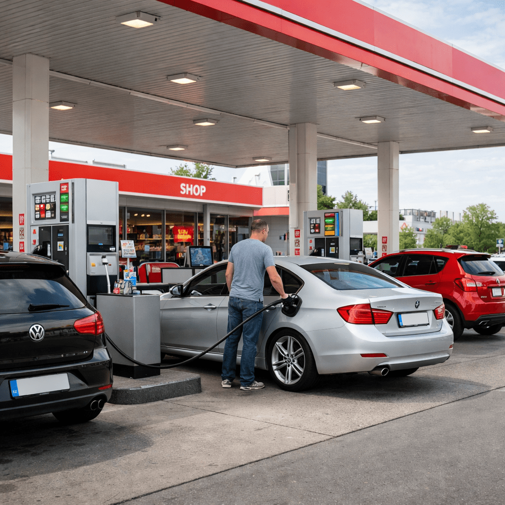 A man fueling a silver sedan at a gas station with multiple cars and a shop in the background