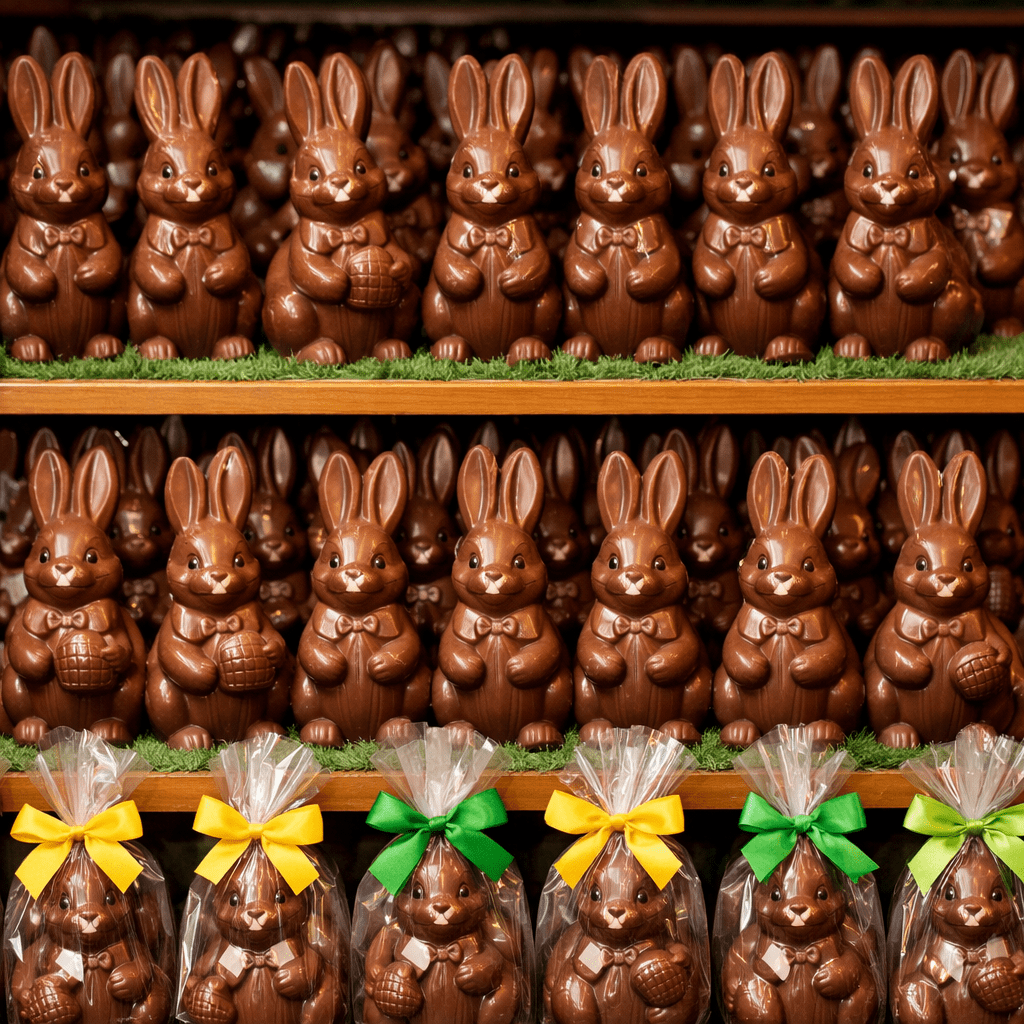 Rows of chocolate bunnies, some wrapped in clear plastic with yellow and green bows