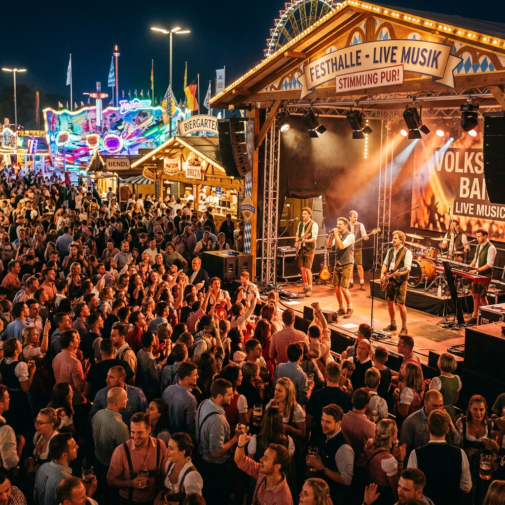 Traditional Bavarian band playing live music to large crowd at beer garden festival