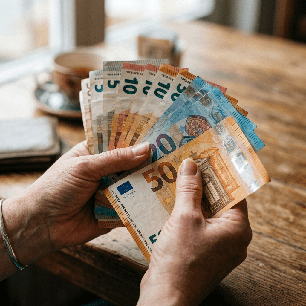 Hands holding and fanning out euro banknotes of various denominations