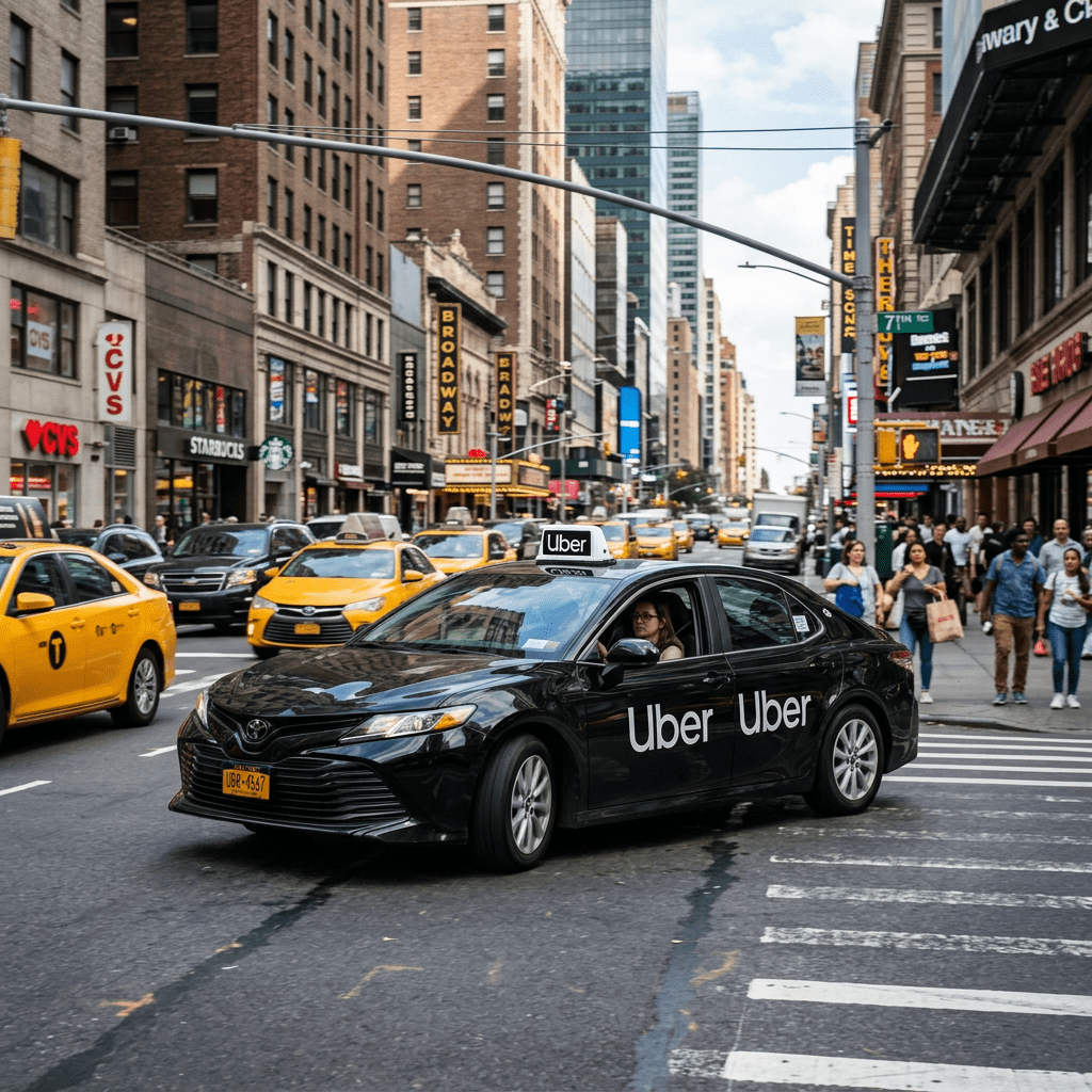 Black Uber car driving on a busy city street with taxis and pedestrians