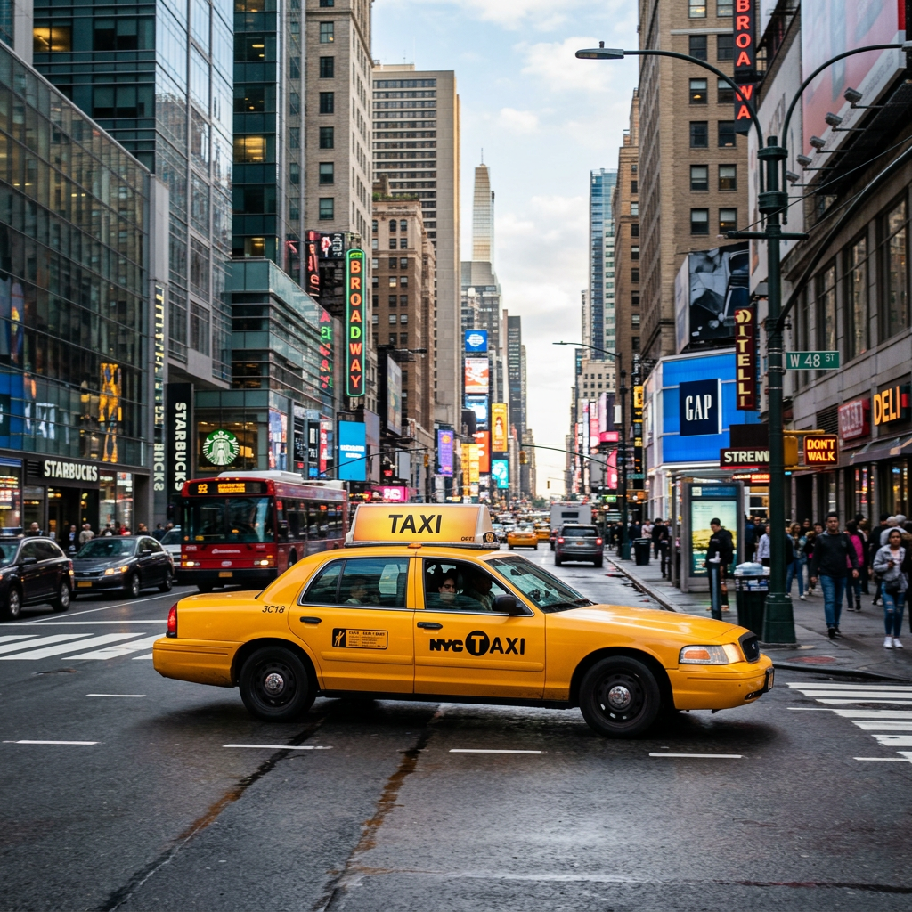 Yellow NYC taxi driving at a busy Midtown street intersection with skyscrapers and pedestrians.