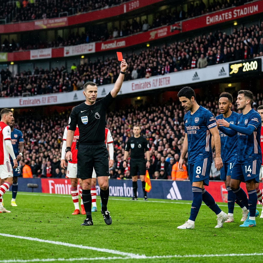 Referee holding up a red card with players from Arsenal reacting on the pitch